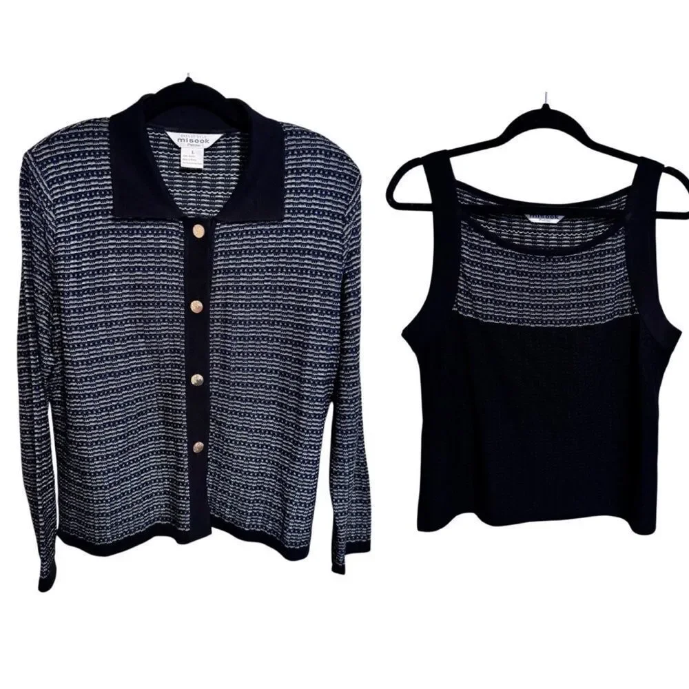 MISOOK- 2 Piece Matching Tank Sweater Set Black Blue Metallic, Size L Petite